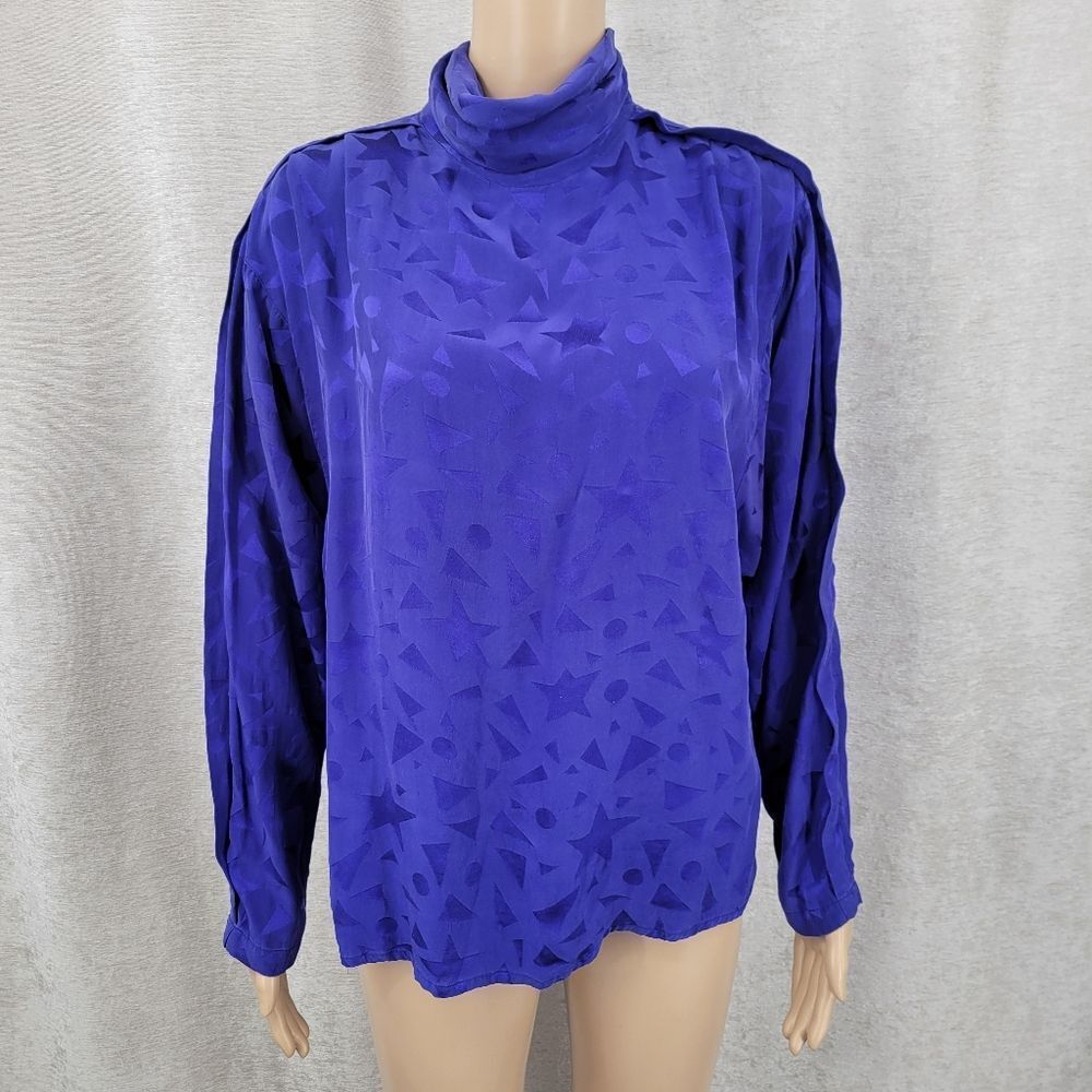 Regina Porter Vintage 80s Silk Blue Star Pattern Jacquard Women's Top Blouse